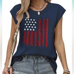 Women’s American Flag Graphic Cap Sleeve Vest Knit Lightweight Sweater Crew Neck